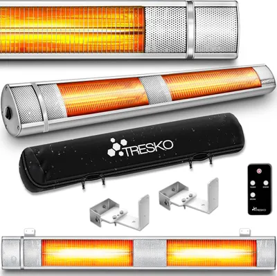Obrázok produktu pre TRESKO Infračervený sálavý ohrievač 3000W Silver s diaľkovým ovládaním a krytom | Elektrický ohrievač na terasu s 3 úrovňami ohrevu | Ohrievač na terasu do interiéru a exteriéru | Infračervený ohrievač na stenu Quartzový ohrievač na výmenu ohrievača na stôl