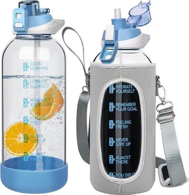Produktbild von Famanu Sportwasserflasche 2 L - Glasflasche mit Strohhalm und Zeitmarkierung
