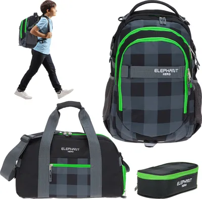 Produktbild von Schulrucksack 3 Teile Set Elephant Hero Signature Rucksack Schultasche Jungen Mädchen Schulrucksackset Box 12609 Plaid Schwarz Grün rsmb