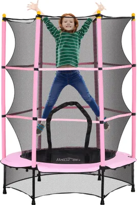 Produktbild von HOMCOM Kindertrampolin Ø140 cm, Trampolin mit Sicherheitsnetz, Randabdeckung, Gartentrampolin für Kinder 3-10 Jahre, bis 50 kg belastbar, Rosa