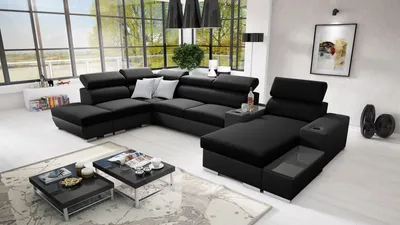 Produktbild von Wohnlandschaft in U-Form PERS V Ecksofa Eckcouch mit Schlaffunktion (Schwarz SAWANA 14 + schwarzes Kunstleder, Rechts)
