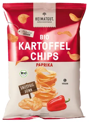 Produktbild von Heimatgut Kartoffelchips Paprika, Vegetable snacks, Paprika, 125 g, Gentechnisch veränderter Organismus (GMO), Palmöl, Konservierungsmittel, 504 kcal, 5,3 g