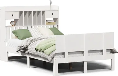 Productafbeelding van Massief houten bed met plank, zonder matras, wit, 135x190 cm, van grenenhout