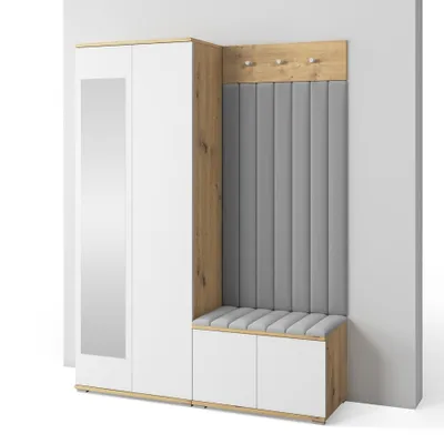 Produktbild von Garderoben-Set Aura Version 7: Kleiderschrank mit Polsterpaneelen, Schuhschrank Flur und Eingangsbereich (weiß/Artisan-Eiche /Trinity 33)