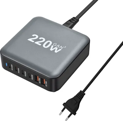 Obrázok produktu pre 220 W nabíjací stojan Hub s 6 portmi USB-C, GaN rýchlonabíjací multifunkčný stolný nabíjač pre mobilné telefóny/notebooky