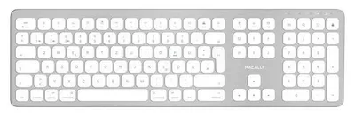 A top-down view of a silver keyboard with white keys.