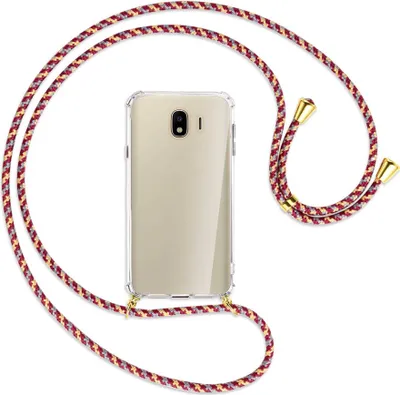 Produktbild von Handykette Backcover-Schutzhülle mit Band (Metall goldfarben) für Samsung Galaxy J4 2018 - weinrot/gelb/grau