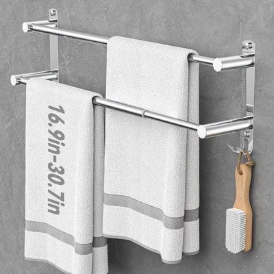 Productafbeelding van Ibenzoa® Uittrekbare handdoekhouder van roestvrij staal 304, 43–78 cm, dubbele stang, wandmontage zonder boren, geschikt voor de badkamer