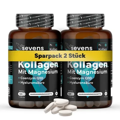 Produktbild von Pack 2x Kollagen Kapseln Hochdosiert – Premium Kollagen Hydrolysat Komplex mit Hyaluronsäure, Q10, Magnesium & Vitaminen A, C, D3, B12 + Zink – Labor – 240 Tabletten