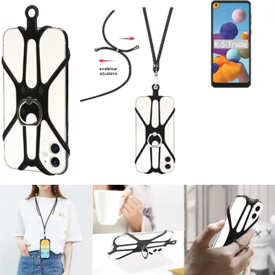 Produktbild von K-S-Trade 3in1 Handykette Handyband Handykordel Halsband Smartphone-Ring Handy-Ring kompatibel mit Samsung Galaxy A21 Fingerhalterung Handyring