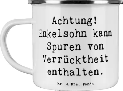 Produktbild von Mr. & Mrs. Panda Teetasse Spruch Enkelsohn Verrücktheit - Weiß - Geschenk, Familie, Humor, Emaille Tasse, Outdoor, becher, Dankeschön, Großeltern, Haferl, Zuneigung, Pott