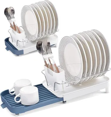 Produktbild von Unyqoos® Abtropfgestell aus Edelstahl, ausziehbar (19 x 46 cm), für bis zu 10 Teller, mit Besteckhalter, kratzfestes Tellerfach, schwenkbarer Ablauf, weiß