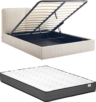 Produktbild von Bett mit Stauraum 180 x 200 cm + Matratze – Cordvelours – Beige – NAYOLA