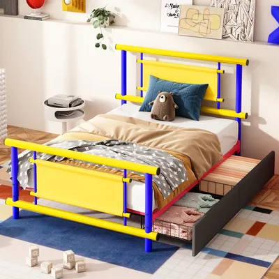 Produktbild von Flieks Kinderbett 90x200cm mit Schubladen, Stauraumbett Metallbett mit Lattenrost, Jugendbett Einzelbett mit Kopfteil, Blau