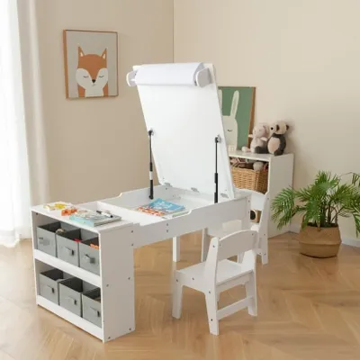 Zdjęcie produktu dla Stolik dla dzieci COSTWAY 3 w 1, drewniany stolik do ćwiczeń i sztaluga z podnoszonym blatem, grupa siedzisk dla dzieci w wieku od 3 lat (biały)