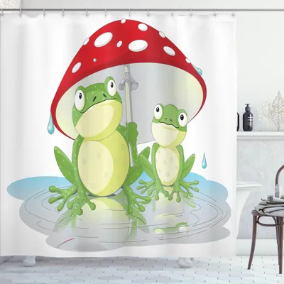 Produktbild von ABAKUHAUS Frösche Duschvorhang, Nursery Amphibie Tiere unter Pilz Regenschirm im Regen Cartoon Illustration, 175 x 180 cm, Mehrfarbig