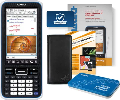 Produktbild von Casio FX-CP400 CAS Grafikrechner mit Tasche, Schutzfolie, Fachbuch & Zirkel Set