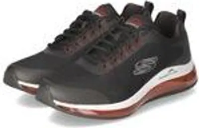 A pair of black and red Skechers sports shoes.