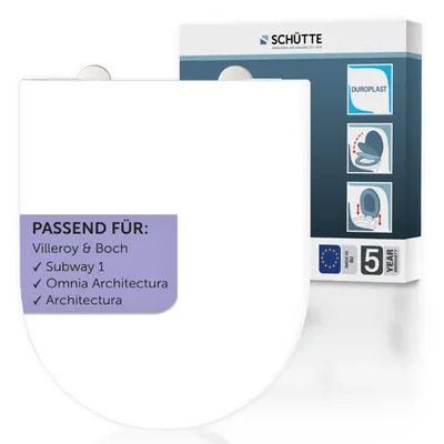 A white toilet seat is shown next to its packaging, which displays product information and branding.