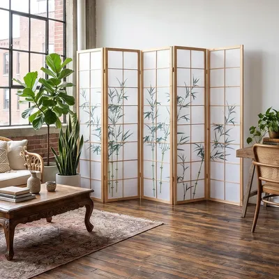 Produktbild von Homestyle4u Paravent Raumteiler 5 teilig Holz Natur Reispapier Weiß Bambus Motiv Grün Indoor, KI-generiertes Bild