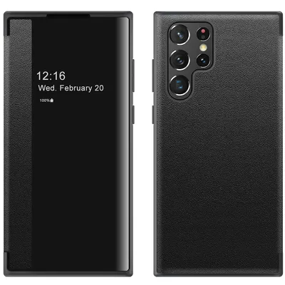 Obrázek produktu pro Pouzdro pro Samsung Galaxy S22 Ultra 5G tenkéPolyuretankožené klopové pouzdro s okénkem pro zobrazení černé