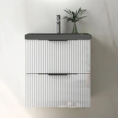 Produktbild von Waschtisch mit Unterschrank 50cm RIVA Badmöbel Set Hochglanz Weiß Waschbecken Dunklegrau mit Unterschrank Softclose