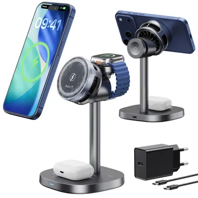 Produktbild von Havit Qi2 MagSafe Ladestation mit Aktiver Kühlung, 3-in-1 Ladegerät Apple Watch und iPhone, Wireless Charger für iPhone 17/16/15/14/13/12 Max/Air/Plus/Pro, Apple Watch, Airpods | Inkl. 45W Netzteil