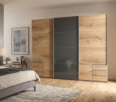 Produktbild von Schwebetürenschrank Valencia Plankeneiche graphit Glas grey 270cm