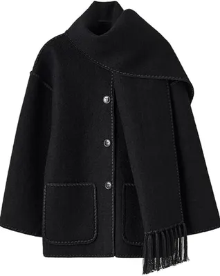 Produktbild von ASKSA Damen Herbst Winter Mantel Mit Schal Lose Langarm Einreiher Maentel Weibliche Warme Quaste Jacke, Schwarz, M