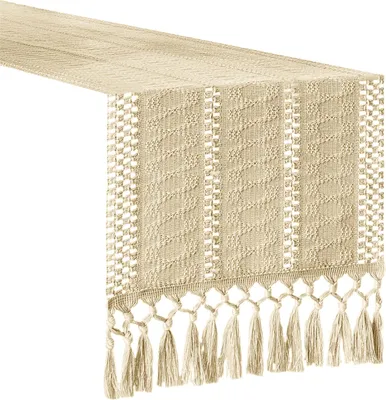 Produktbild von Boho-Tischläufer, gewebter Makramee-Tischläufer im Bauernhausstil, Heimdekoration, rustikaler Tischläufer mit Quastenkanten für die Esstischdekoration