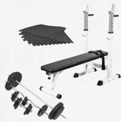 Produktbild von GORILLA SPORTS® Hantelbank - mit 100kg Hantelset, inkl. 6 Schutzmatten, Ablage und Dip-Station, Klappbar, Verstellbar, Weiß - Flachbank, Drückerbank, Multifunktion, Trainingsbank mit Gewichten