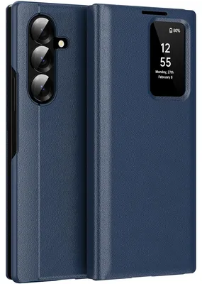 Produktbild von Leder Flip Case für Samsung Galaxy Z Fold 7, Smart View Fenster Handyhülle mit Kartenfach Blau