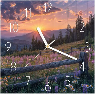 Produktbild von Wanduhr aus Glas mit Motiv Sonnenuntergang Wiese- 30 x 30 cm - inkl. Aufhängesystem