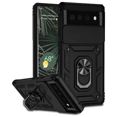 Obrázek produktu pro Pouzdro pro Google Pixel 6 dvouvrstvé pouzdro s posuvným krytem kamery a prstencovým stojánkem černé