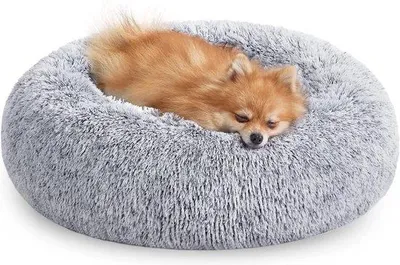 Obrázok produktu pre Vankúš pre psov – plyšový vankúš Fluffy, dlhý, prateľný vankúš v tvare donutu – sivý – priemer 60 cm