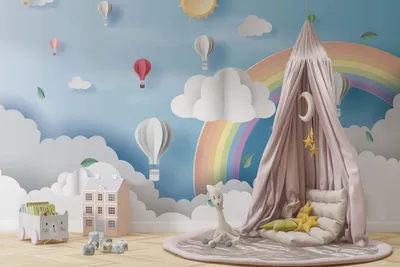 Produktbild von DECO WALLS Fototapete Kinderzimmer Regenbogen und Luftballons - Außergewöhnliche Haltbarkeit XXL 197x296 cm
