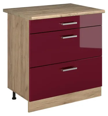 Produktbild von Küchenunterschrank Vicco R-Line Rot Hochglanz/Goldkraft Eiche 80 cm mit 3 Schubladen Arbeitsplatte Goldkraft Eiche, Model 72449