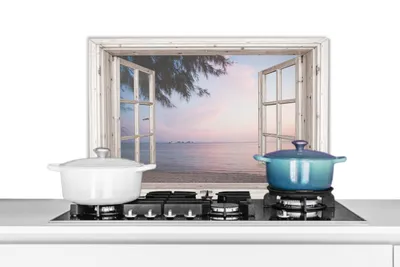 Produktbild von KitchenYeah® Spritzschutz Küche - Küchenrückwand - Wandschutz für Herd und Spüle - Aussicht - Strand - Palme 70x50 - Alu-Dibond (Alternative zum Spritzschutz aus Glas) - Hitzebeständig - Herdspritzsc