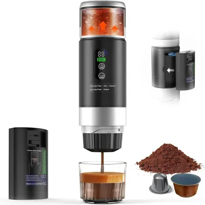 Produktbild von Kaffeemaschine mit Abnehmbarer Akku, 20Bar, 3-in-1 Tragbare Elektrische Reise Kaffeemaschine, Kompatibel mit Espressokapseln und gemahlenem Kaffee