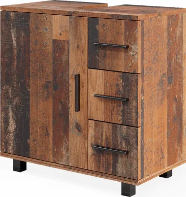 A product shot of a wooden cabinet with drawers and a door.