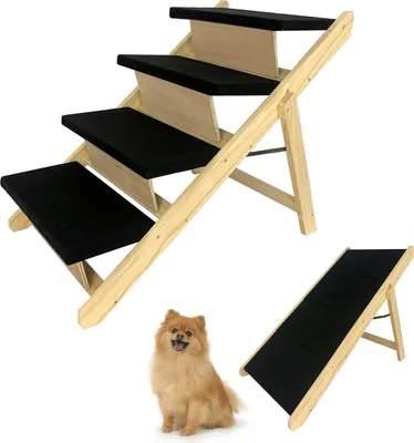 Produktbild von YUENFONG 2-in1 Hunderampe, Haustiertreppe Hundetreppe Faltbar für Katzen große und kleine Hunde, Tiertreppe Kiefernholz, Landeplattform schließt nahtlos an, rutschfest bis 80 kg