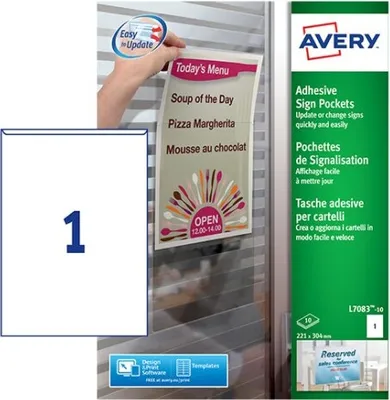 Zdjęcie produktu dla Avery L7083-10, Przezroczysty, Prostokąt, Na stałe, 221 x 304 mm, A4, Plastik