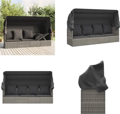 Image de vidaXL Lit Lounge Outdoor avec toit et coussins Gris Poly Rattan - Outdoor Loungebett - Outdoor Loungebetten - Gartenmöbel - Terrassenmöbel
