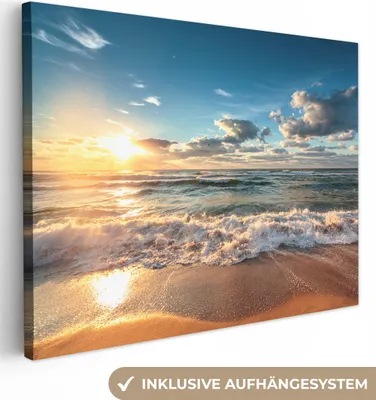 Produktbild von MuchoWow® - Leinwandbilder - Strand - Meer - Sonnenuntergang, Wandbild, Wanddeko Bilder Wohnzimmer, 40x30 cm