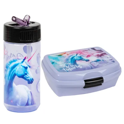 Produktbild von Goldkids - Brotdose und Trinkflasche Set für Kinder – BPA-frei, auslaufsichere Trinkflasche 330 ml - Lunchbox- Einhorn Motiv