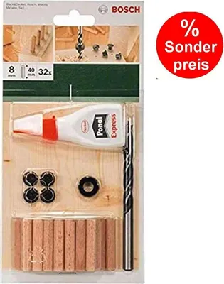 Produktbild von Bosch 32-tlg. Holzdübel Set 8 x 40 mm, Bohrer Tiefenstop 4 Dübelsetzerr Holzleim