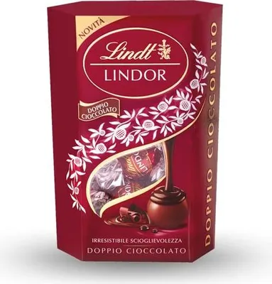 Produktbild von Lindt Lindor Cornet Doppio Cioccolato Pralinen mit Milchschokolade und zarter dunkler Schokoladenfüllung 200g
