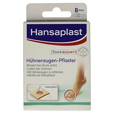 The image shows the front of a Hansaplast Hühneraugen-Pflaster (corn plaster) box.