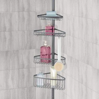 Produktbild von Unyqoos® Teleskop-Eckduschregal aus Metall – 4 Körbe, 2 Haken & Handtuchhalter, ausziehbar 1,5–2,9 m, 28,6×19,7 cm, rostbeständige graue Beschichtung, bohrfrei