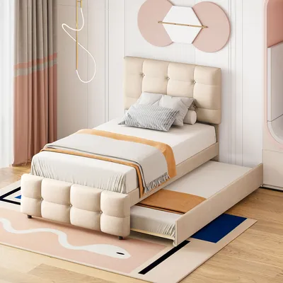 Obrázek produktu pro okwish Čalouněná postel 90 x 200 cm s vysouvací postelí, Nastavitelné čelo, Béžová